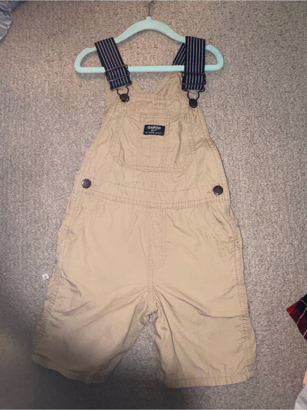 OshKosh B'gosh Tan Overalls with Navy Striped Straps